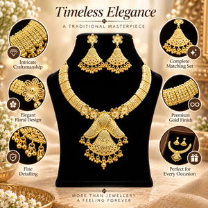 Designer 24K Gold Polish Copper Brass Necklace <b>Set</b> | Floral Jhumka Pendant <b>Jewelry</b> | Traditional <b>Bridal</b> & Wedding Necklace <b>Set</b> - Product Image 5
