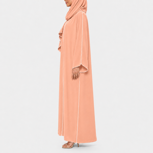 Abaya décontractée en polyester à manches longues et ouverture frontale, col en V, passepoil contrastant, manches larges, avec foulard assorti, printemps-automne, vente en gros - Product Image 3