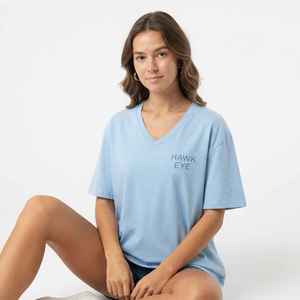 <b>Women's</b> Light Blue <b>V</b>-<b>Neck</b> Short Sleeve <b>T</b>-<b>Shirt</b> Loose Fit 100% Cotton Casual Jersey Print Logo Top Spring Summer - Product Image 4