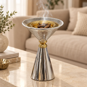 Brûleur d'encens islamique argenté avec accents de pierres rouges, support électrique pour Bakhoor, diffuseur de parfum d'intérieur, porte-encens islamique de luxe - Product Image 6
