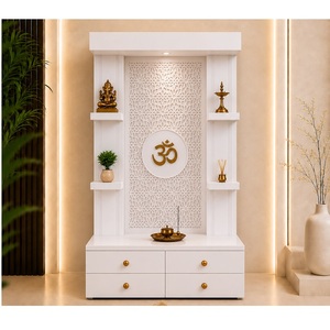 Mueble de Pooja de Madera de Teca de Diseño Moderno y Lujoso, con Símbolo Om y Detalles en Dorado, Nuevo, Duradero, Color Marfil, Tamaño Personalizado, Decoración para el Hogar - Product Image 1