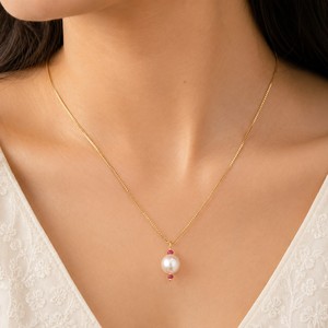 Custom Rhodium Plated <b>Necklace</b> Freshwater Pearl Drop Pendant <b>Ruby</b> Gemstone Bead Accent Box Chain Fine Women Solitaire Gift - Product Image 1