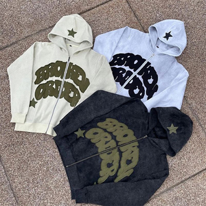 Sweat à capuche zippé et pantalon de survêtement évasé pour homme, style streetwear, imprimé patchwork brodé, personnalisable, effet vieilli, respirant, délavé à l'acide - Product Image 2