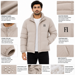 Beige Puffer Men's <b>Jackets</b> Wholesale OEM Custom Winter Lightweight Warm Polyester <b>Jacket</b> Stand Collar Zipper Casual Outerwear - Product Image 5