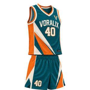 Ensemble d'uniformes de basketball personnalisés pour hommes, vert sarcelle, orange et crème, maillot sans manches à col en V, short, empiècements diagonaux, numéros d'équipe, kits en gros - Product Image 1
