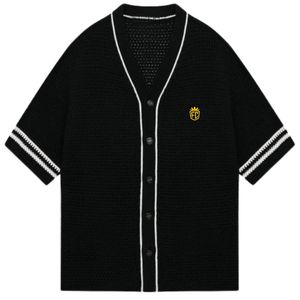 Men Crochet Knitted Baseball <b>Shirt</b> Short Sleeve Button Down Stripe Trim Casual Knit Top OEM Wholesale Supply - Product Image 1