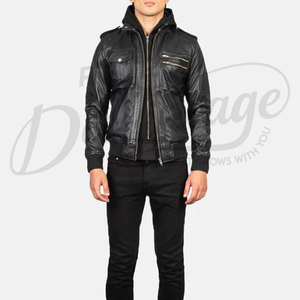 Blouson aviateur en cuir véritable noir de qualité supérieure pour homme avec capuche amovible - Coupe ajustée en peau de mouton véritable, manteau décontracté multi-poches - Product Image 4