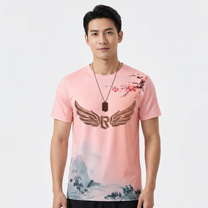 Camiseta de manga corta con cuello redondo para hombre, con estampado de flores de cerezo y paisaje pintado a mano, corte regular, estilo casual, 100% algodón - Product Image 6
