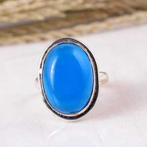 SHYAM JEWELRS Handmade Oval Blue Chalcedony <b>Statement</b> <b>Ring</b> 925 Sterling Silver Bezel Set Natural Gemstone Boho Jewelry Unisex - Product Image 1