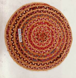 Handmade round jute cotton <b>placemat</b> with Multicolour edging perfect farmhouse table decor Natural durable eco-conscious dining - Product Image 1