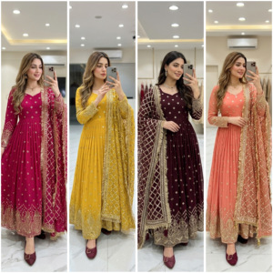Heavy Faux Georgette <b>Sequin</b> Embroidered Gown Set With Butter Silk <b>Pant</b> Belt Heavy <b>Sequin</b> Border Dupatta (UW 813) - Product Image 1