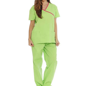 Women Scrub Set Green V-Neck Short Sleeve Hospital Uniform Cotton Polyester Woven Pants Professional Design - Product Image 1