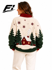 <b>Women</b> Winter <b>Fleece</b> Pullover Cream Green Sherpa Quarter Button Long Sleeve Snowflake Village <b>Pattern</b> Casual Warm Top Sweatshirt - Product Image 2