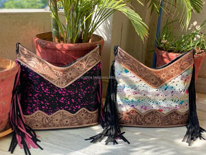 New Real Hand Tooled Carving Metallic Fur Leather Boho Fringe Sling Bags Western Fashionable Women Tassel Shopping Handbags - Product Image 4