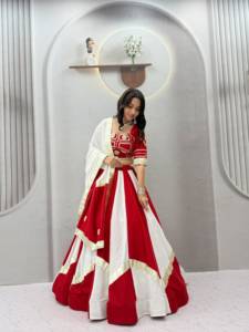 Indian Red <b>White</b> <b>Lehenga</b> Choli Set Floor-Length Cotton Women Wedding Wear Ethnic Pakistan Style Regular Fit for Womens - Product Image 4