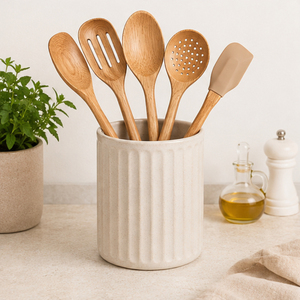 Ensemble de cuillères de cuisine en bois avec logo personnalisé, spatules en bois en gros avec manche long en rotin, ustensiles de cuisine - Product Image 6