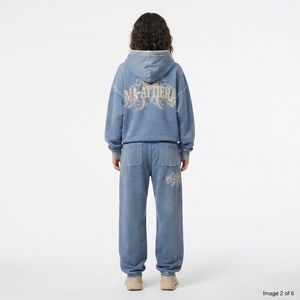 Custom <b>Women</b> Washed Blue Oversized Hoodie <b>Jogger</b> Set Cotton <b>Fleece</b> Streetwear Tracksuit OEM Wholesale - Product Image 2