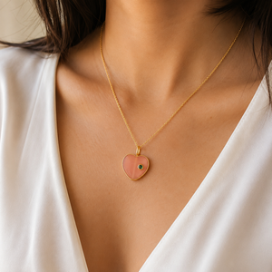 Gemstone Peach Cat's Eye Cubic Zirconia Pendant heart shape pendant Cable Chain 18K Gold Plated Brass Punk gift for birthday - Product Image 2