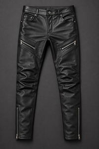 Premium Genuine Black Leather Pants <b>Slim</b> <b>Fit</b> <b>Mens</b> Motorcycle Clubwear Trousers with Zippers Pockets Custom OEM ODM Wholesale - Product Image 3
