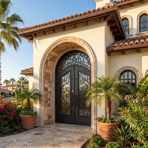 Modern Wrought Iron Double Entry Door with Arched Top and Scroll Design Water Resistant Finished Surface for Exterior Use - Product Image 6