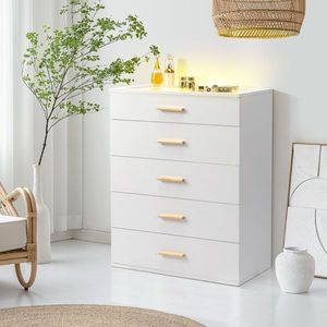 FCH White Pitted Particleboard Dresser with Tempered Glass 66*35*83cm Five Drawers Visible Side Cabinet Triamine Coating - Product Image 5