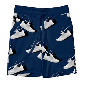 Ensemble t-shirt et short pour homme bleu marine à col rond avec imprimé baskets blanches, tenue décontractée d'été en tissu tricoté en coton respirant - Product Image 4