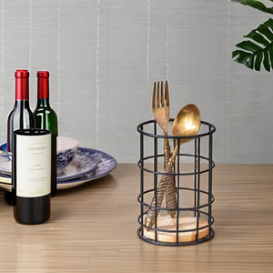 Organisateur de couverts rond en fer avec base en bois-Panier de rangement de comptoir avec drainage pour baguettes, fourchettes et cuillères - Product Image 4