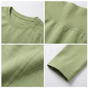 Ensemble de yoga vert 2 pièces : haut court à col rond et manches courtes, leggings taille haute pleine longueur, sans couture, respirant, vêtements de sport - Product Image 4
