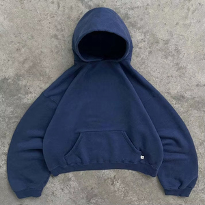 Unisex <b>Navy</b> Blue Oversized Crop Hoodie Regular Sleeve Solid Color Pocket Front Casual Hooded Sweatshirt Autumn Knitted Fleece - Product Image 4