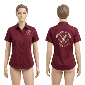 Camisa de Barbería para Mujer, 180 GSM, Poliéster y Spandex Premium, Color Granate, Impresión por Sublimación Personalizada, Logotipo Bordado, Uniforme de Trabajo - Product Image 1
