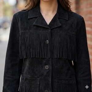 Black Suede Leather <b>Fringe</b> <b>Jacket</b> – Western Style Statement Piece - Product Image 2