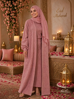 Ensemble Abaya 3 Pièces Tricoté Personnalisé ODM/OEM Rose Poudré avec Cardigan Ouvert en Maille Diamantée et Pantalon Palazzo – Tenue Modeste pour l'Aïd