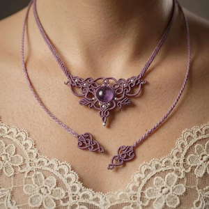 Handmade Macrame Amethyst <b>Necklace</b> Purple Gemstone Pendant Brown Cord Boho Healing <b>Statement</b> Jewelry Wholesale - Product Image 1