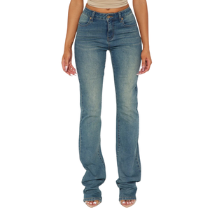 Women's Vintage Blue Denim Jeans Mid Waist Regular Fit Bootcut Casual Breathable Autumn Fashion Pants Five Pocket Design High - Product Image 1