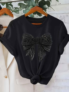 เสื้อยืดผู้หญิงพิมพ์ลายโบว์สีดำประกายวิบวับ แขนสั้น คอกลม สไตล์ลำลอง แต่งด้วยคริสตัล เหมาะสำหรับเป็นเสื้อผ้าผู้หญิง - Product Image 5