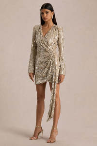 Mini-robe moulante à sequins dorés, décolleté plongeant, avec ceinture, style hip-hop sexy, col en V, pour soirées et événements, best-seller - Product Image 4