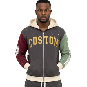Sudadera con capucha y cremallera de color personalizado, forro polar color carbón, estampado de letras con efecto salpicado de pintura, mangas con gráfico en contraste, sudaderas streetwear para hombre, OEM - Product Image 1