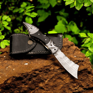 Custom Handmade Damascus Folding Knife with Bull Horn Handle Engraved Steel Bolster Leather Sheath EDC Pocket Knife OEM Supplier - Product Image 4