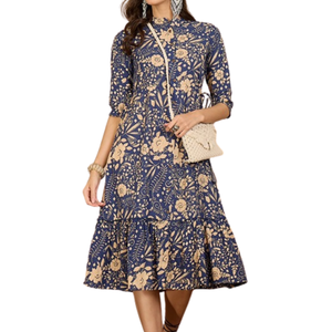 Meilleures ventes Été 2026 Robes décontractées bohèmes pour femmes à imprimé floral, col en V, manches mi-longues, taille élastique, simples et modestes - Product Image 3