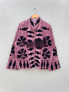Premium Royal Mauve Pink Velvet <b>Jacket</b> Handcrafted Traditional Black Applique Work Comfortable Full Sleeve Winter Coat - Product Image 1