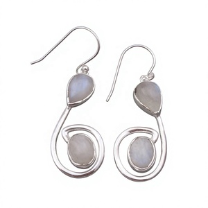 Natural <b>Rainbow</b> Moonstone Rhodium Plated 925 Sterling Silver Dangle <b>Drop</b> Earrings Handmade Gemstone Engagement Jewelry for Women - Product Image 1