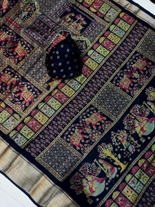 Sari en soie noir dessiné à la main pour femme, traditionnel indien pakistanais, longueur ras du sol, ethnique, coupe classique, toutes saisons - Product Image 3