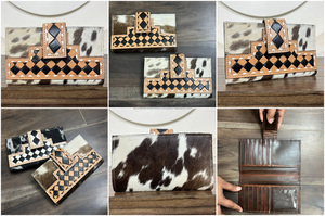 Vente en gros Portefeuille en cuir de vache usiné à la main de grande capacité Porte-cartes en cuir à carreaux véritable pour femmes Longue pochette à deux volets - Product Image 3
