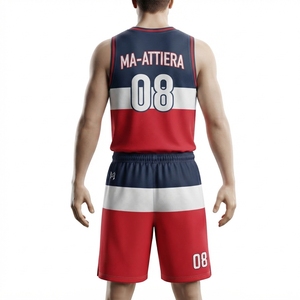 Ensemble de maillot et short de basket-ball personnalisé, couleurs bleu marine, blanc et rouge, respirant, en mesh, uniforme sportif - Product Image 2