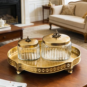 Set Of 2 Metal And Glass <b>Containers</b> With Tray For Dry Fruits Candies Chocolate <b>Storage</b> And Stylish <b>Kitchen</b> Essentials Use - Product Image 1