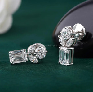 White <b>Gold</b> <b>Emerald</b> Cut Diamond <b>Earrings</b> with Marquise and Round Accent Stones Modern Luxury Bridal <b>Earrings</b> Anniversary Gift - Product Image 3