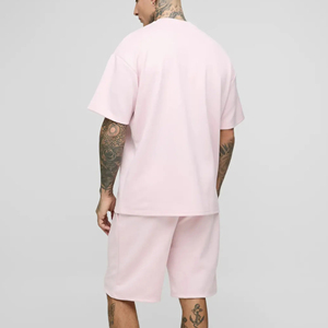 Men's Summer Casual Streetwear Clothing Set Custom Logo Oversized <b>Tshirt</b> Knitted Soft <b>Plain</b> Shorts 2 Piece Set Eco-Friendly - Product Image 2