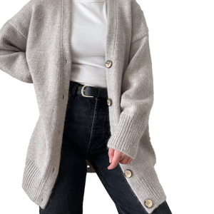 Cardigan long en tricot pour femme de haute qualité, couleur unie, boutons sur le devant, style décontracté, vêtement d'automne, col rond, manches longues, épais et chaud - Product Image 3