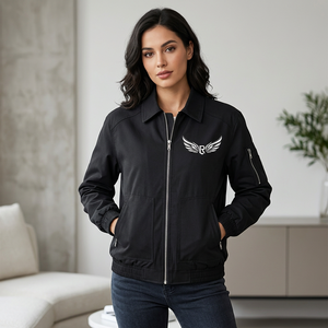 <b>Men's</b> Black Bomber <b>Jacket</b> Canvas Breathable Windproof with Logo Zipper Front Streetwear Style Autumn Wear - Product Image 5