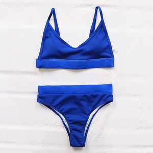 Women's Blue Solid Color Bikini Set Deep V Neck Triangle Top <b>Thong</b> Bottom Stretch Swimwear Regular Fit Knitted Spandex Polyester - Product Image 1